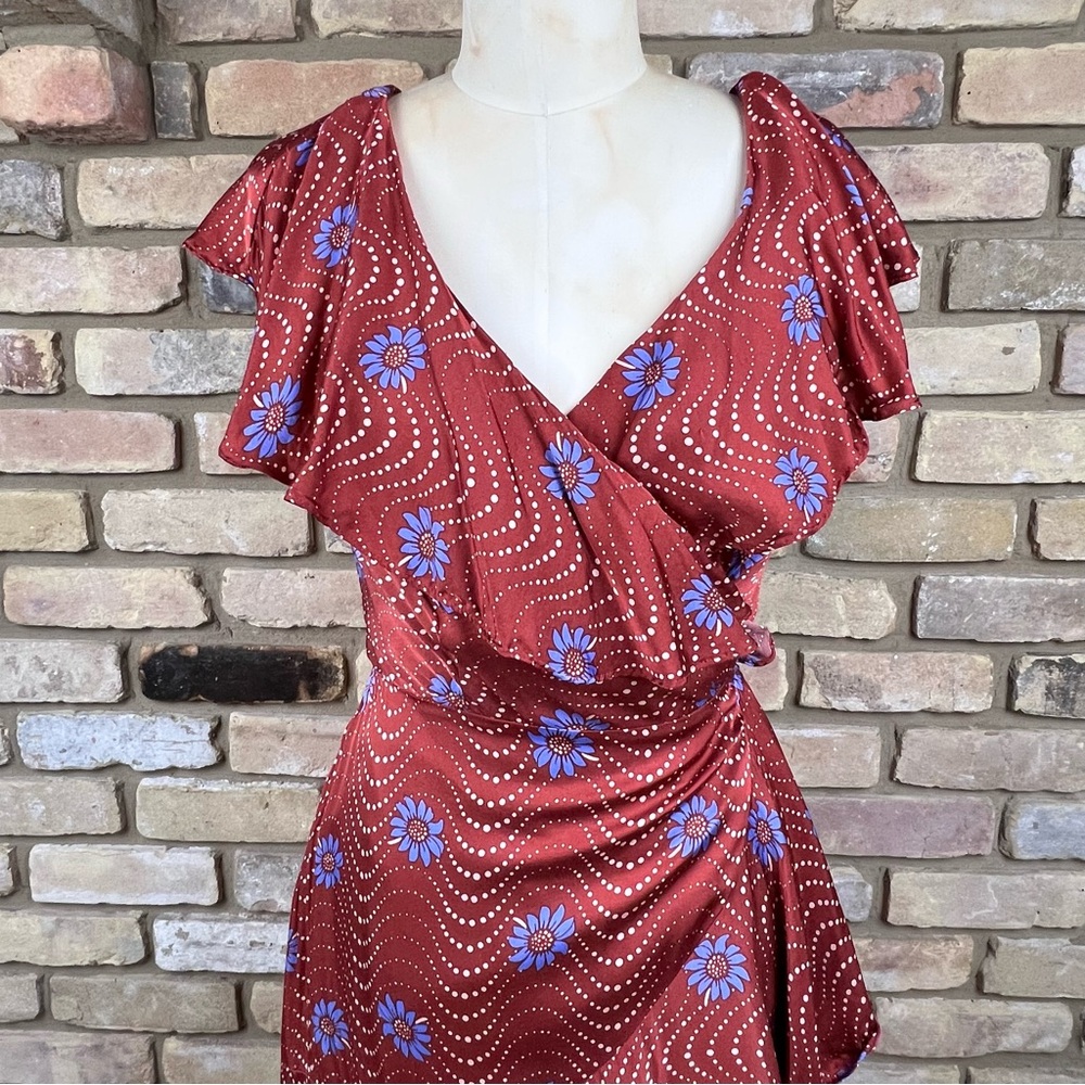 ANTHRO brown rust red Ruffle-Sleeve Printed-Wrap Maxi Dress - Picture 5 of 12